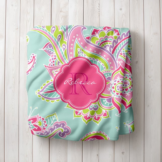 Couverture Polaire Monogramme rose et menthe Boho Paisley (Créateur téléchargé)