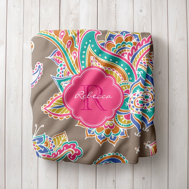 Couverture Polaire Monogramme rose et mocha Boho Paisley (Créateur téléchargé)