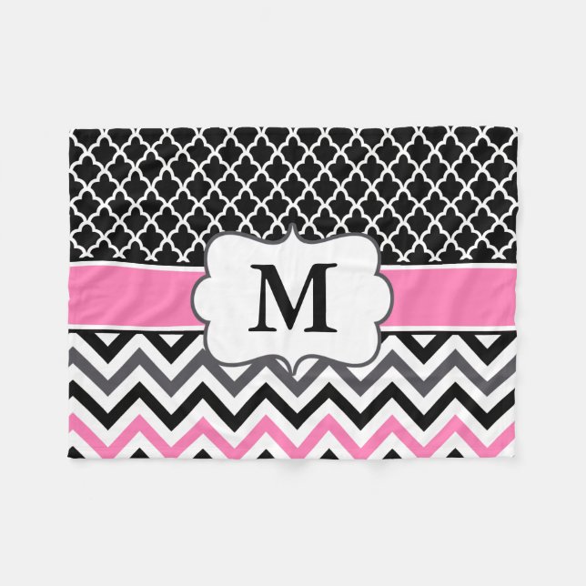 Couverture Polaire Monogramme rose noir de Quatrefoil Chevron (Devant (Horizontal))