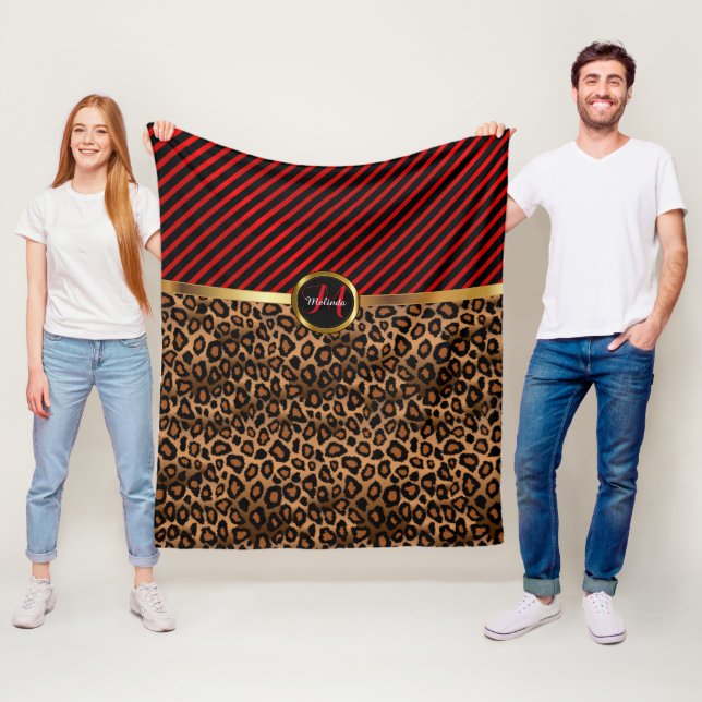 Couverture Polaire Monogramme rouge foncé et Poster de animal léopard (En situation)