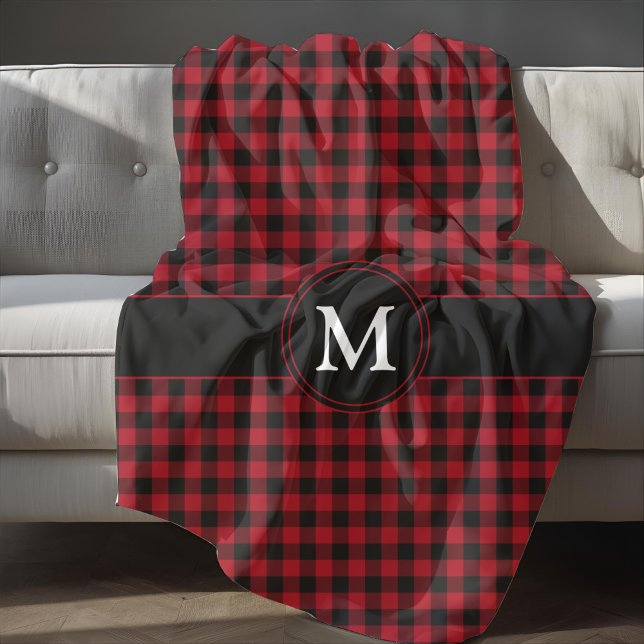 Couverture Polaire Monogramme rustique Motif rouge et noir (Rustic Monogram Red And Black Plaid Pattern Fleece Blanket)