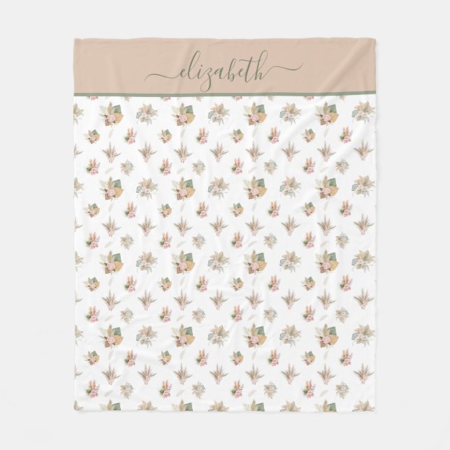 Couverture Polaire Monogramme Script Boho Pampas Gris Rose Beige Vert (Devant)