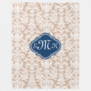 Couverture Polaire Monogramme Tan Et Damas Florales Blanches