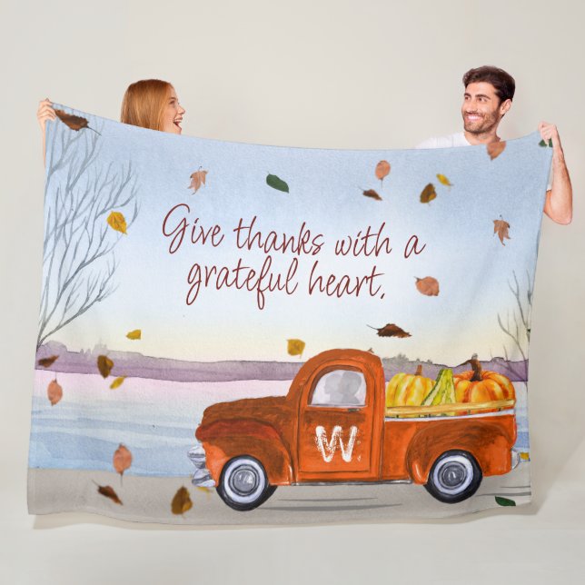 Couverture Polaire Monogramme Thanksgiving Orange Truck Citrouilles F (En situation)