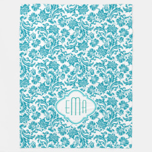 Couverture Polaire Monogramme Turquoise & Blanc Floral Damas