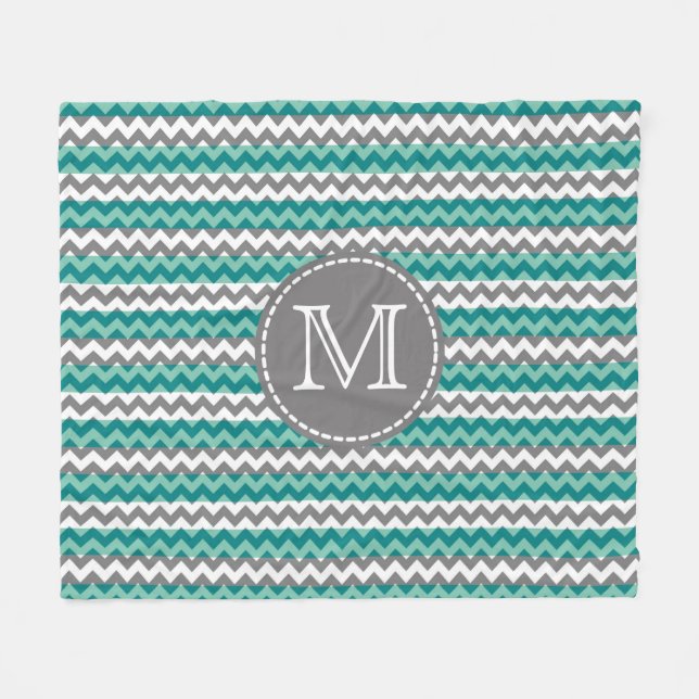 Couverture Polaire Monogramme Turquoise et Grey Chevron Zigzag (Devant (Horizontal))