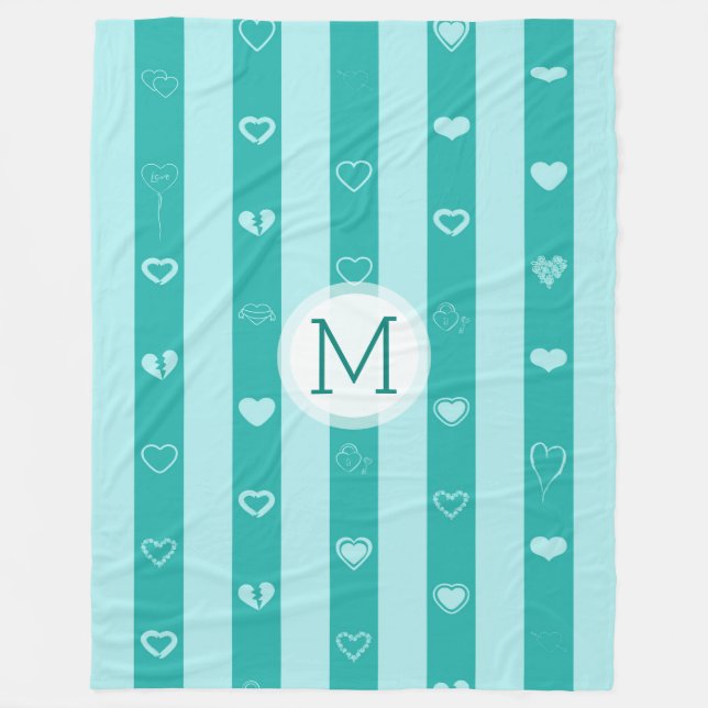 Couverture Polaire Monogramme Turquoise Stripes Motif de coeur modern (Devant)