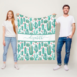 Couverture Polaire Monographie de cactus vert blanc motif