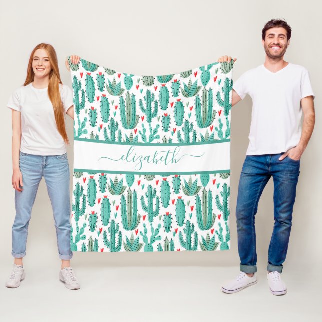 Couverture Polaire Monographie de cactus vert blanc motif (En situation)
