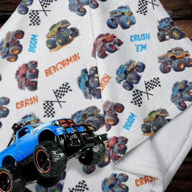 Couverture Polaire Monster Truck Boom Crunch Crash Crush Nom du garço (Monster Truck Boom, Crunch, Crash, Crush 'Em Boy's Name Fleece Blanket)