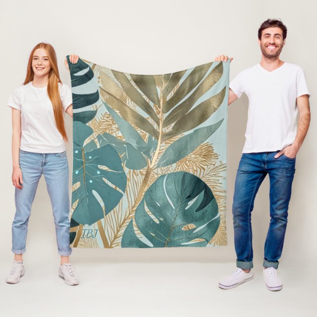 Couverture Polaire Monstera botanique moderne en sarcelle douce (En situation)