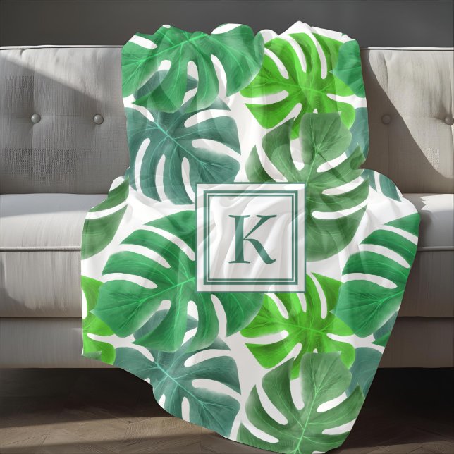 Couverture Polaire Monstera Deliciosa Feuille Motif Monogramme (Monstera Deliciosa Leaves Monogram Pattern Fleece Blanket)