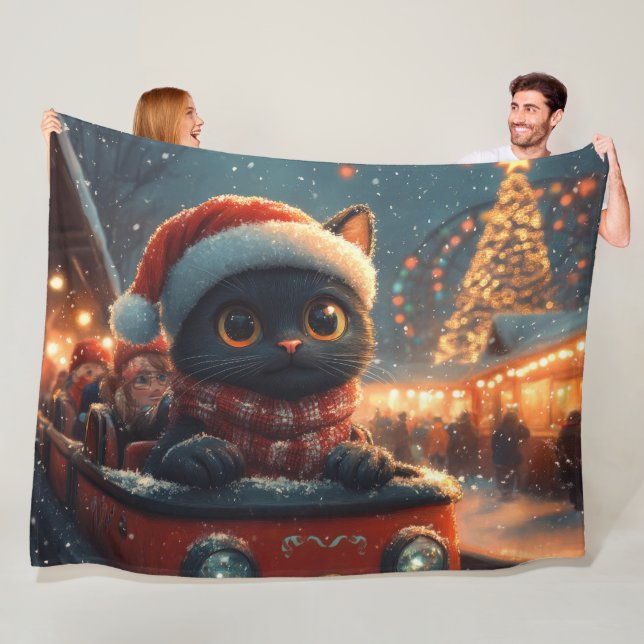 Couverture Polaire Montagnes Russes Chat Noir de Noël (En situation)