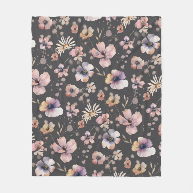 Couverture Polaire Moody Boho Watercolor Blush Wildflowers Pattern  (Devant)