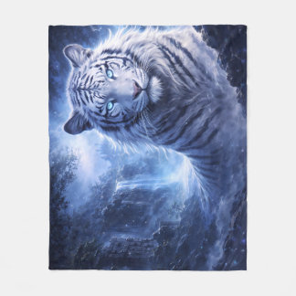 Couverture Polaire Moonlit White Tiger Guardian – Blue Fantasy Spirit