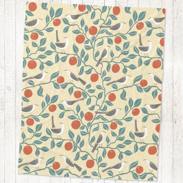 Couverture Polaire Moqueur Fleur d'Orange Oiseau Fleur Jaune Pâle (Mockingbird and orange blossom bird and botanical fleece blanket)