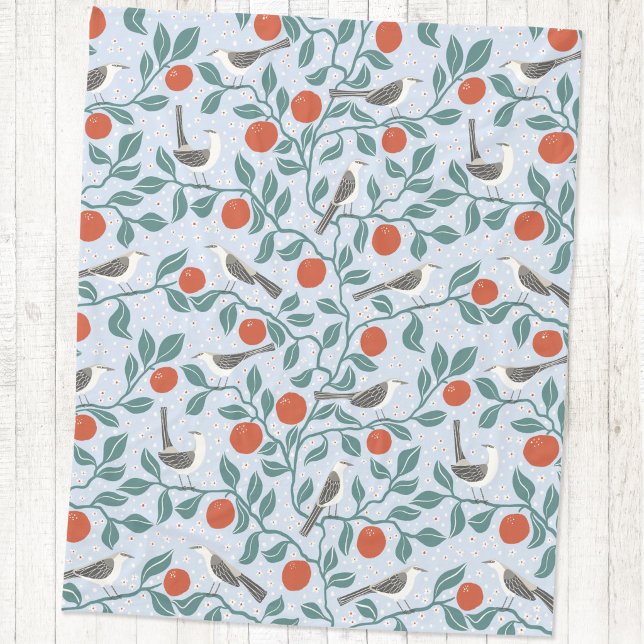 Couverture Polaire Moqueur Fleur d'Oranger Oiseau Fleur Bleu Clair (Mockingbird and orange blossom bird and botanical fleece blanket)