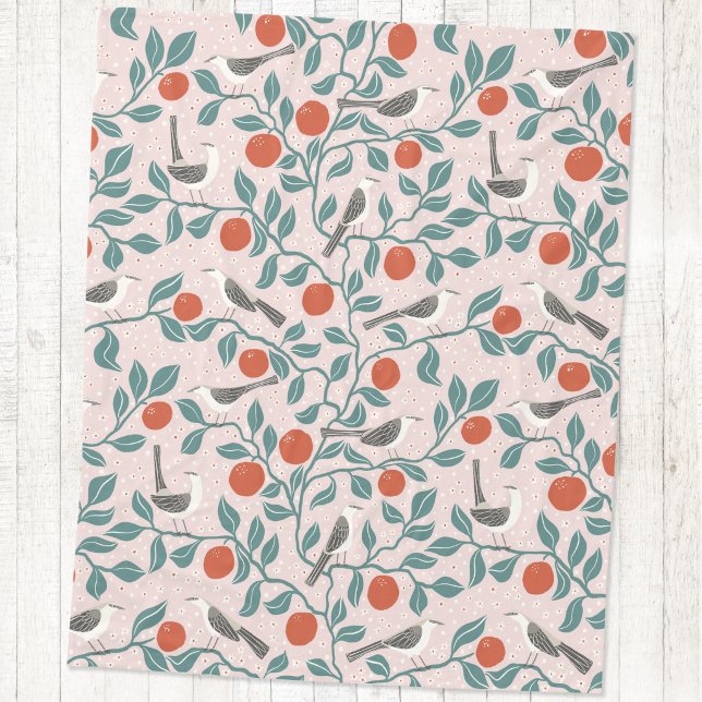 Couverture Polaire Moqueur Fleur d'Oranger Oiseau Fleur Rose Pâle (Mockingbird and orange blossom bird and botanical fleece blanket)
