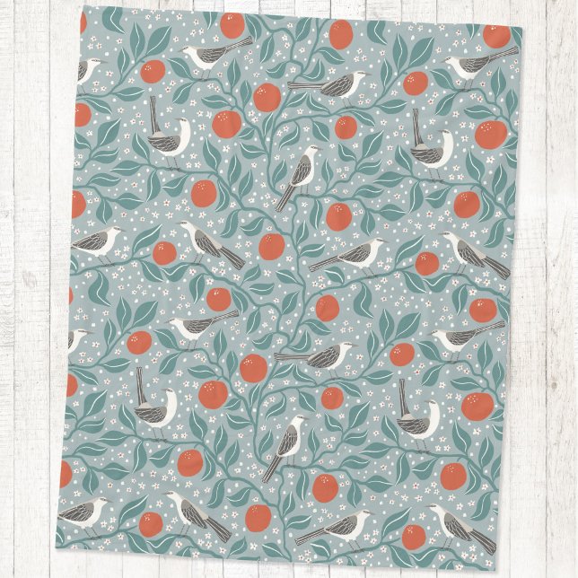 Couverture Polaire Moqueur Fleur d'Oranger Oiseau Fleur Sauge Verte (Mockingbird and orange blossom bird and botanical fleece blanket)