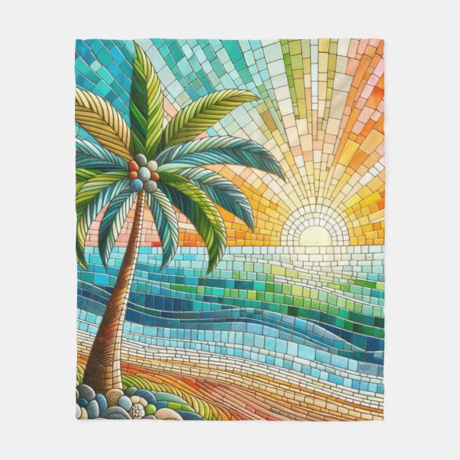 Couverture Polaire Mosaic Tropical Beach Coucher de soleil Palm Tree (Devant)