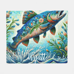 Couverture Polaire Mosaïque florale bleue personnalisée de saumon qui