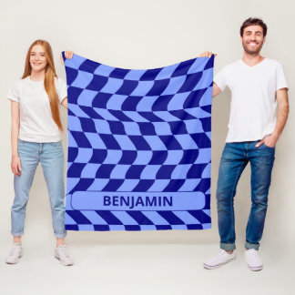 Couverture Polaire Motif à damiers bleu clair avec nom personnalisé
