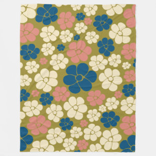 Couverture Polaire Motif à fleurs - Bleu, Vert olive, Rose et Crème