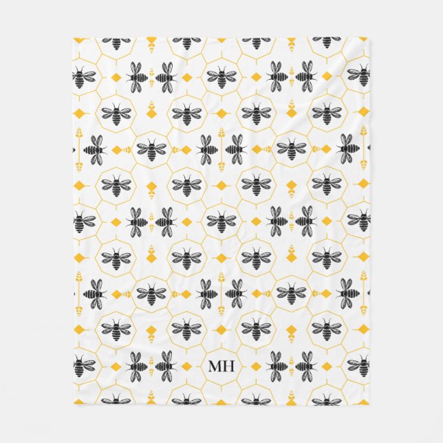 Couverture Polaire Motif abeille jaune moderne Monogramme noir élégan (Devant)