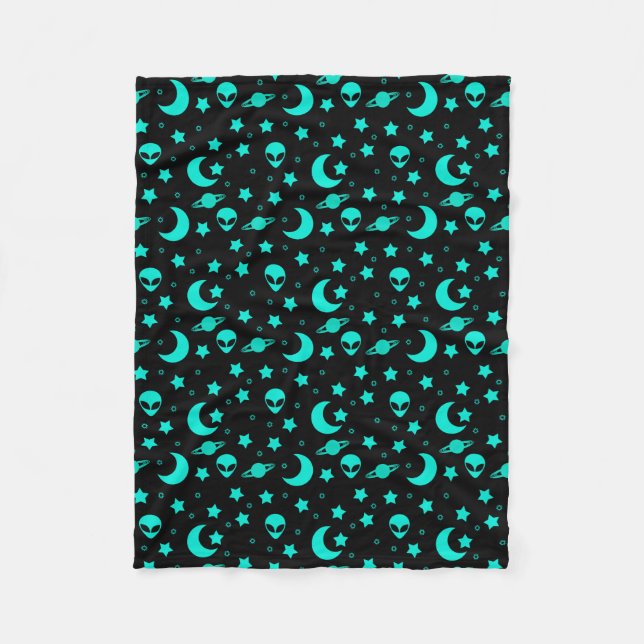 Couverture Polaire Motif Alien turquoise avec étoiles et lunes (Devant)