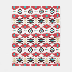 Couverture Polaire Motif amérindien blanc Turquoise rouge