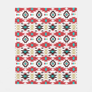 Couverture Polaire Motif amérindien blanc Turquoise rouge