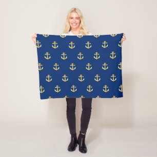 Couverture Polaire Motif Ancre Jaune Chic Gold sur bleu marine foncé