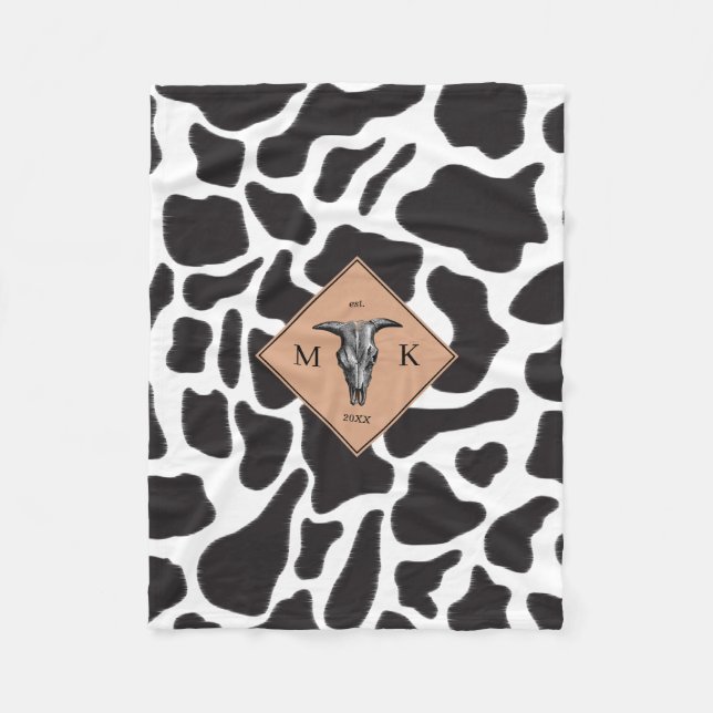 Couverture Polaire Motif animal noir et blanc Vache tache Monogramme (Devant)