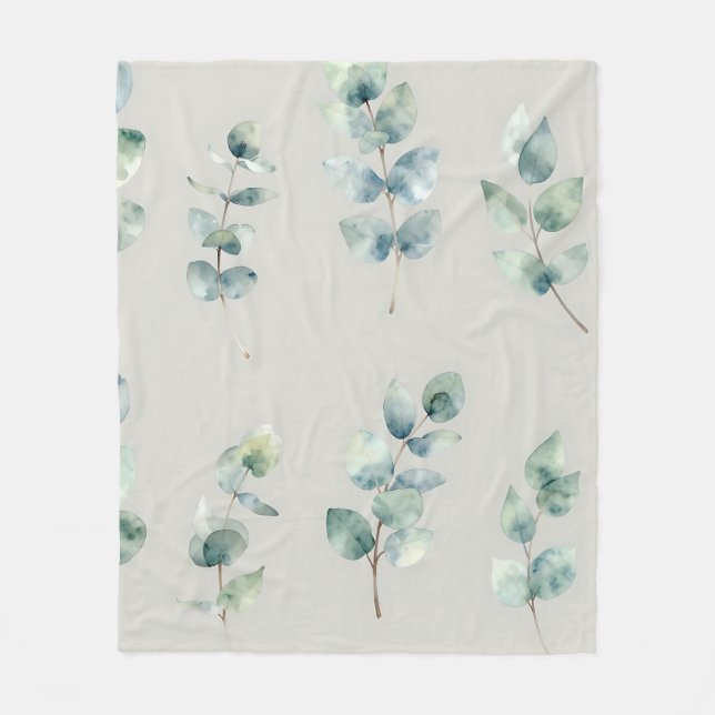 Couverture Polaire Motif aquarelle de feuilles d'eucalyptus (Devant)