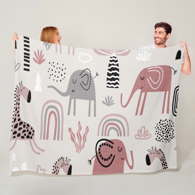 Couverture Polaire motif avec de mignons éléphants et girafes géant (En situation)