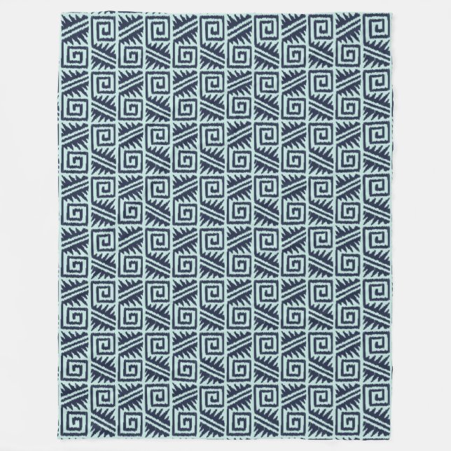Couverture Polaire Motif Aztec Ikat - Indigo et Bleu Clair (Devant)