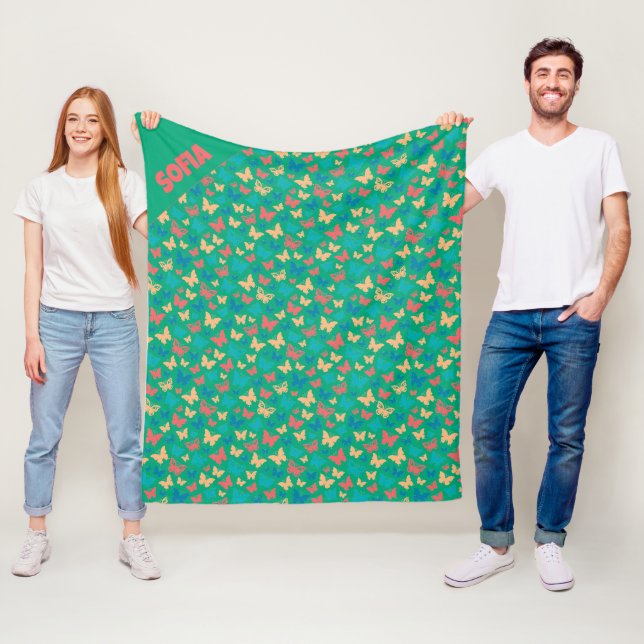 Couverture Polaire Motif beige rose turquoise nom papillon vert (En situation)