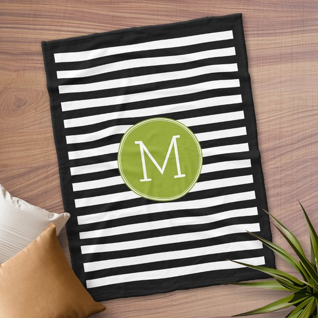 Couverture Polaire Motif blanc noir Preppy Green Monogramme (Personalized Fleece Blanket)