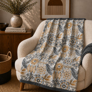 Couverture Polaire Motif Bohème Botanique Gris Terre Cuite Clair