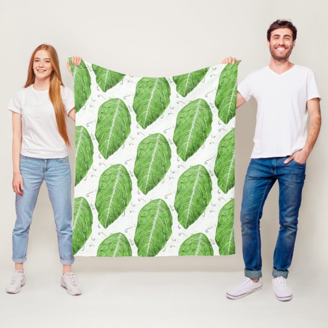 Couverture Polaire Motif botanique blanc à feuilles vertes Tourbillon (En situation)