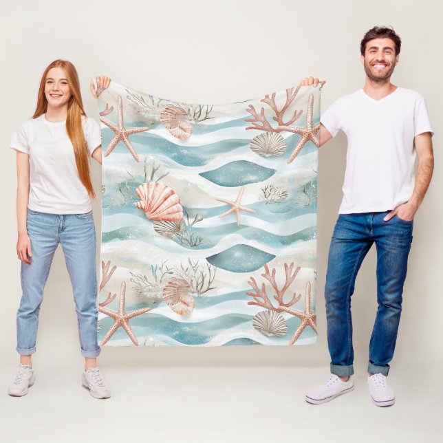 Couverture Polaire Motif botanique côtier Aqua Coral (En situation)