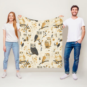 Couverture Polaire Motif botanique faunique de hibou beige élégant