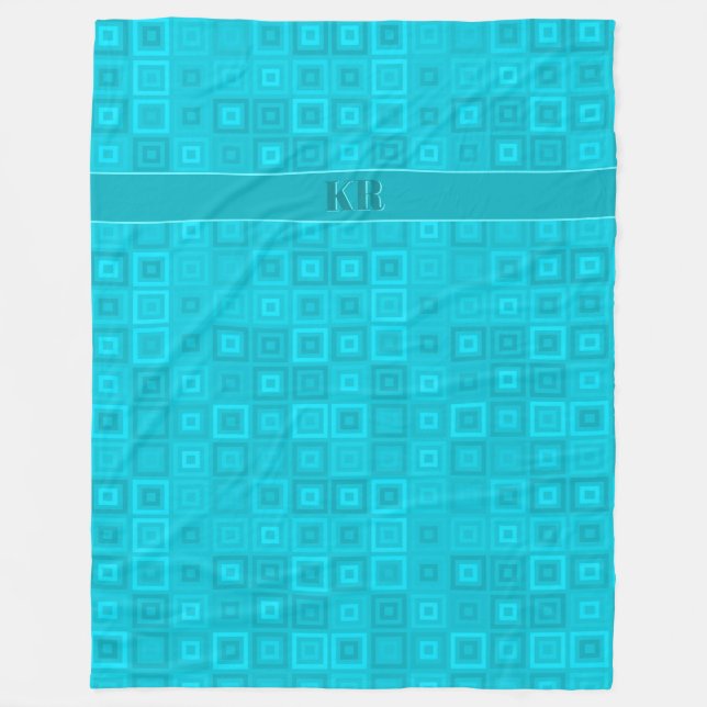 Couverture Polaire motif carré bleu-vert turquoise avec vos initiales (Devant)