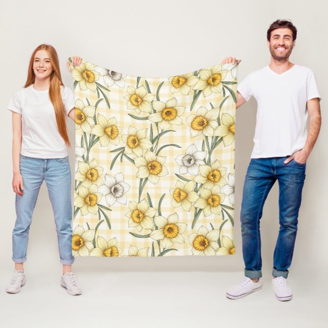 Couverture Polaire Motif carreaux botanique narcisse (En situation)