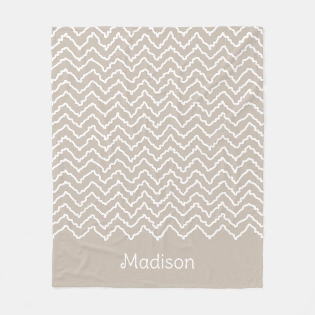 Couverture Polaire Motif Chevron Zigzag Ondulé Beige Et Blanc (Devant)