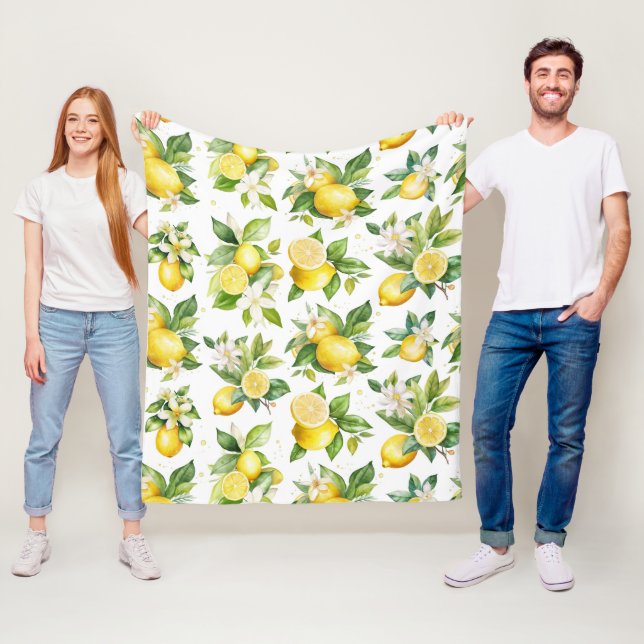 Couverture Polaire Motif citron, Fleurs de citron, Feuilles, Citrus (En situation)