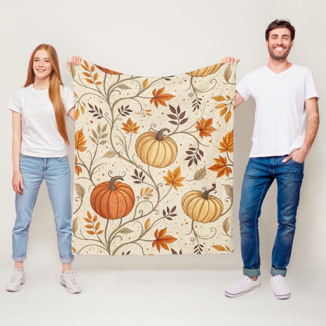 Couverture Polaire Motif Citrouille Rustique et Feuillage d'Automne (En situation)