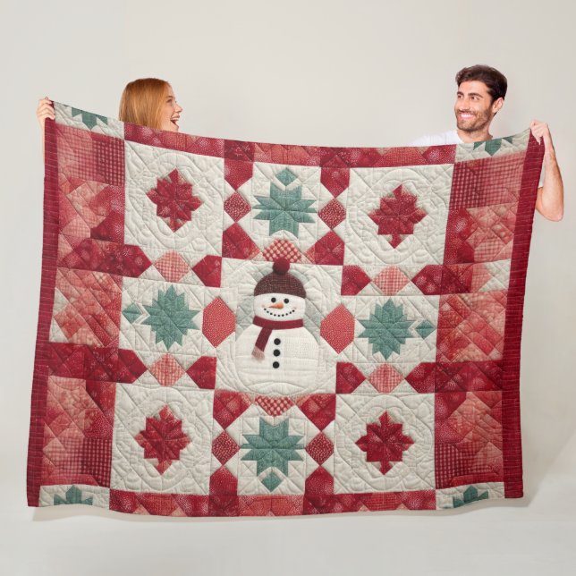 Couverture Polaire Motif courbé Snowman Rouge Blanc Vert (En situation)