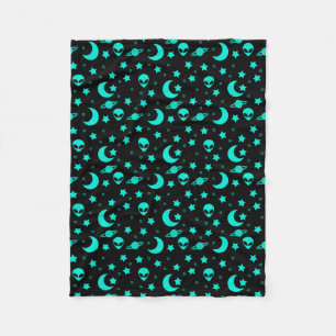 Couverture Polaire Motif d'alien turquoise avec étoiles et lunes
