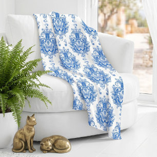 Couverture Polaire Motif damassé méditerranéen bleu blanc élégant